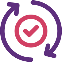 Icono de dos flechas circulares púrpuras que rodean un círculo rosa con una marca de verificación.