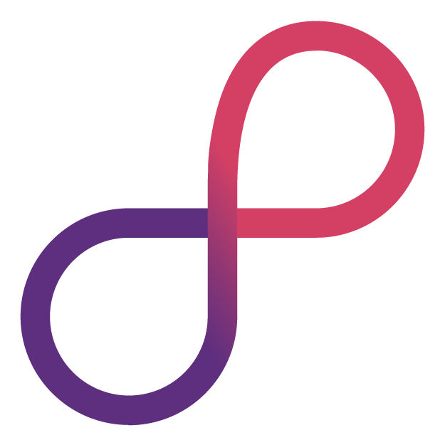 Icono del símbolo de infinito con un degradado de color púrpura a rosa sobre fondo blanco.