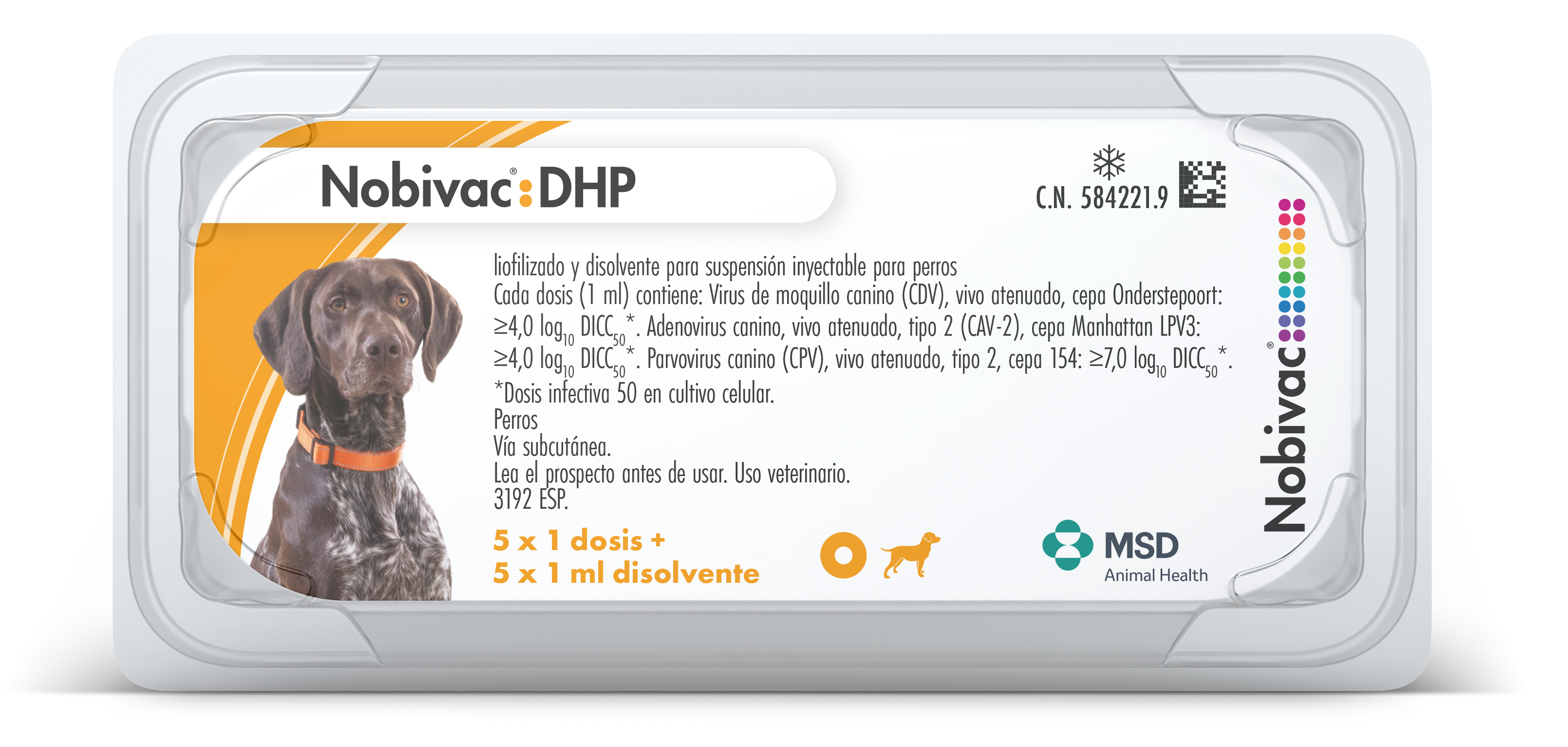 Nobivac® DHP Envase del producto inmunológico veterinario Nobivac® DHP de MSD Animal Health. El empaque muestra la marca Nobivac® DHP, información del producto y el logotipo de MSD Animal Health
