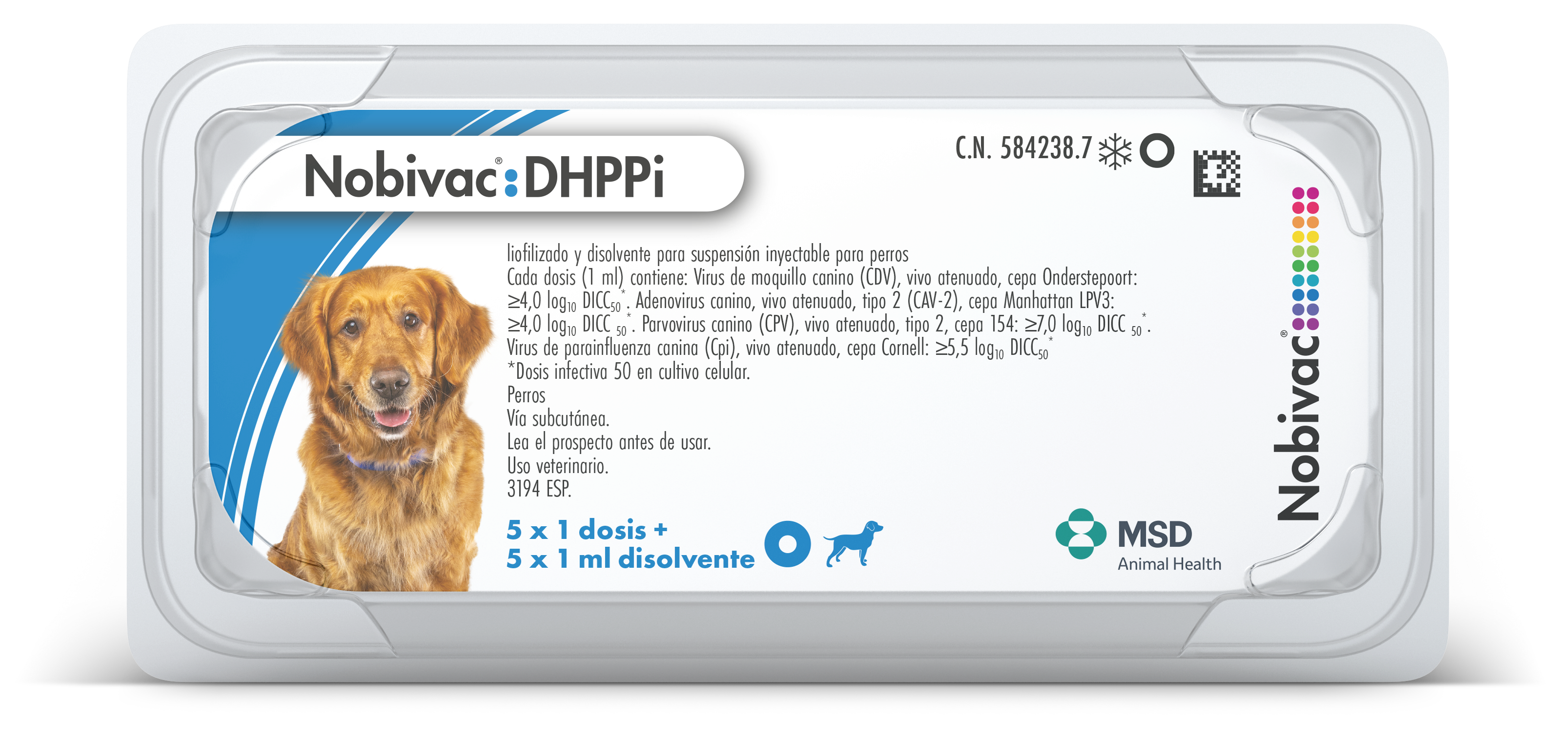 Nobivac® DHPPI Envase del producto inmunológico veterinario Nobivac® DHPPI de MSD Animal Health. El empaque muestra la marca Nobivac® DHPPI, información del producto y el logotipo de MSD Animal Health