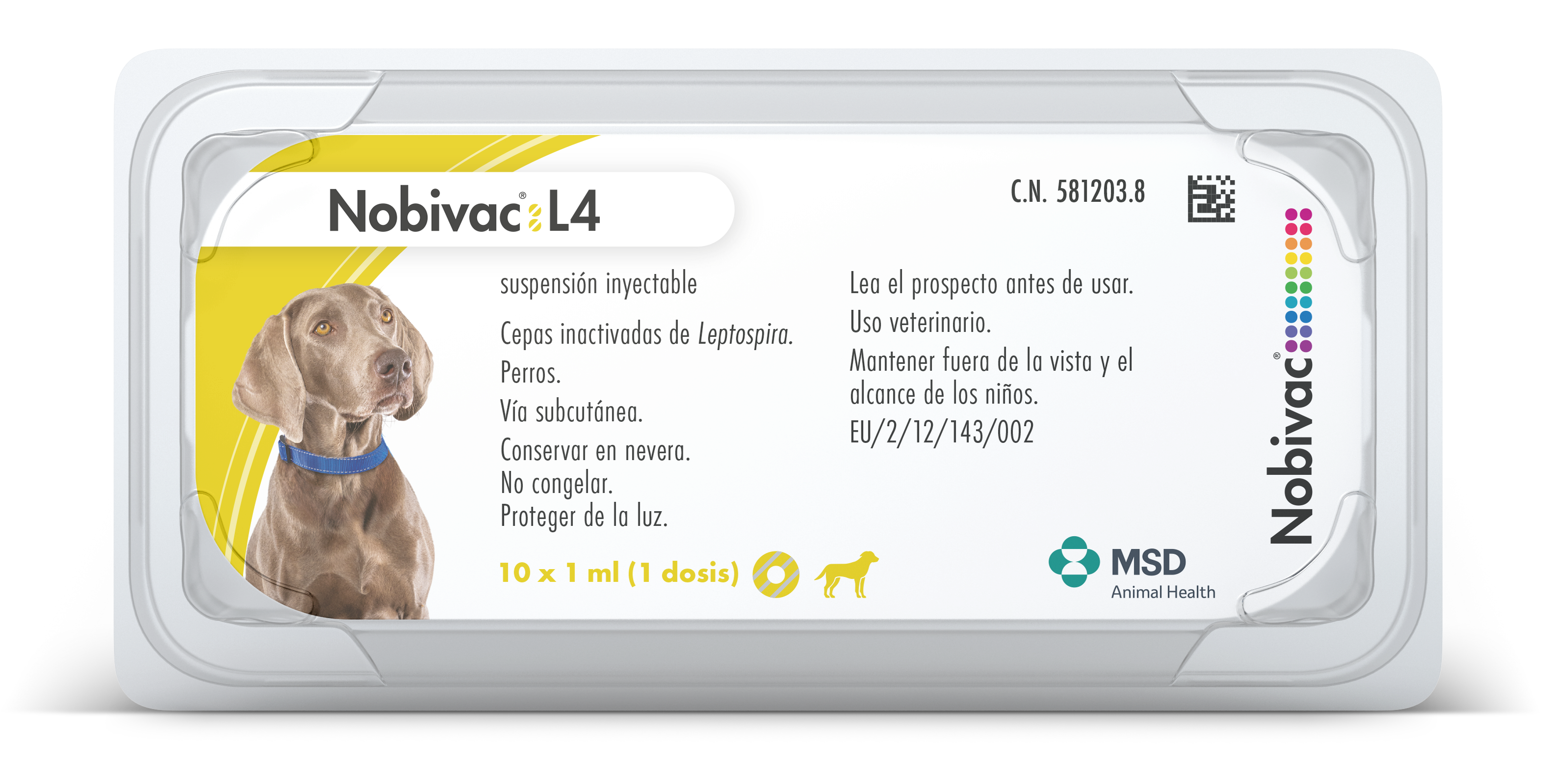 Nobivac® L4 Envase del producto inmunológico veterinario Nobivac® L4 de MSD Animal Health. El empaque muestra la marca Nobivac® L4, información del producto y el logotipo de MSD Animal Health.