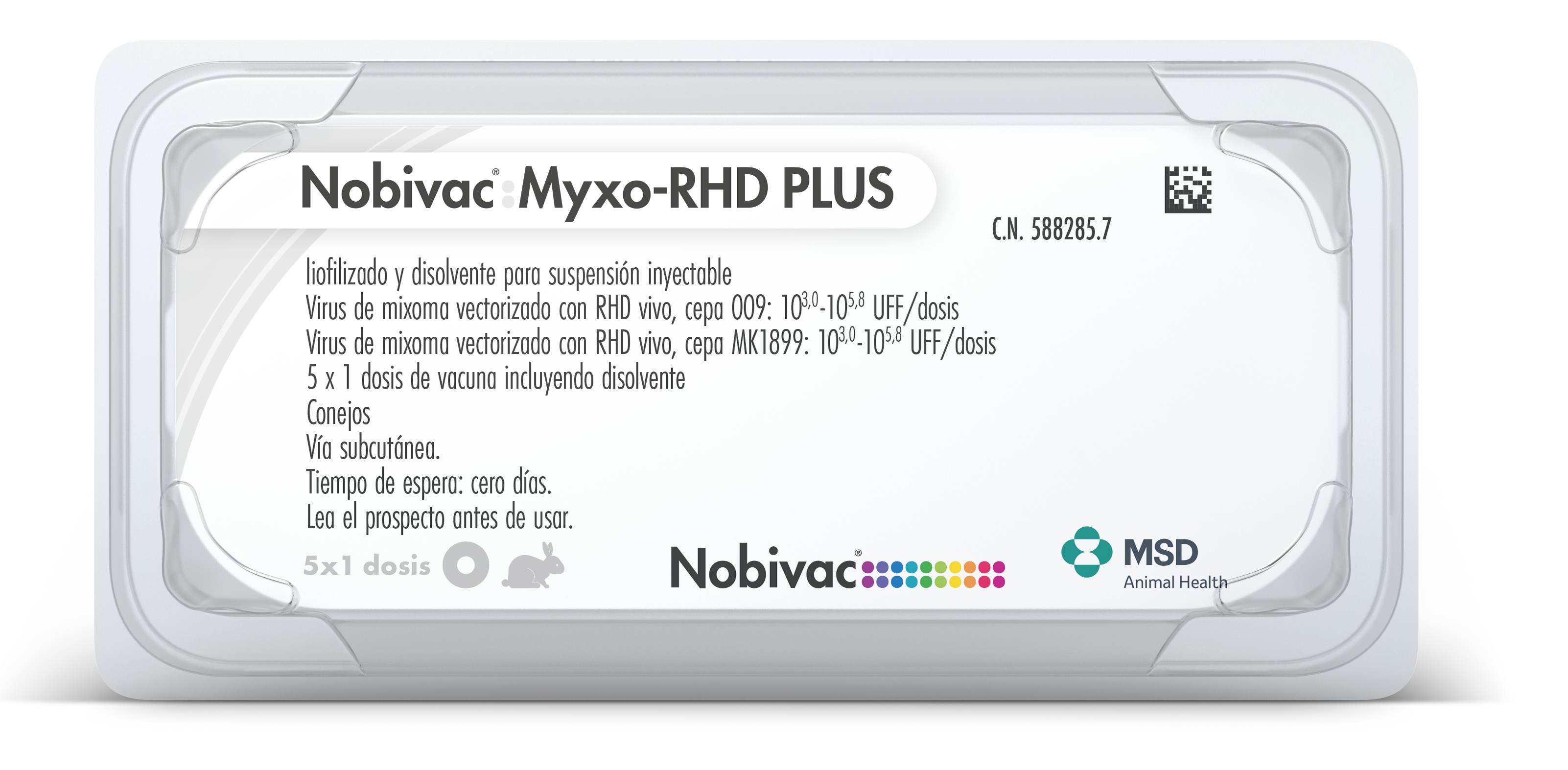 Envase del producto inmunológico veterinario Nobivac® Myxo-RHD Plus de MSD Animal Health. El empaque muestra la marca Nobivac® Myxo-RHD Plus, información del producto y el logotipo de MSD Animal Health.