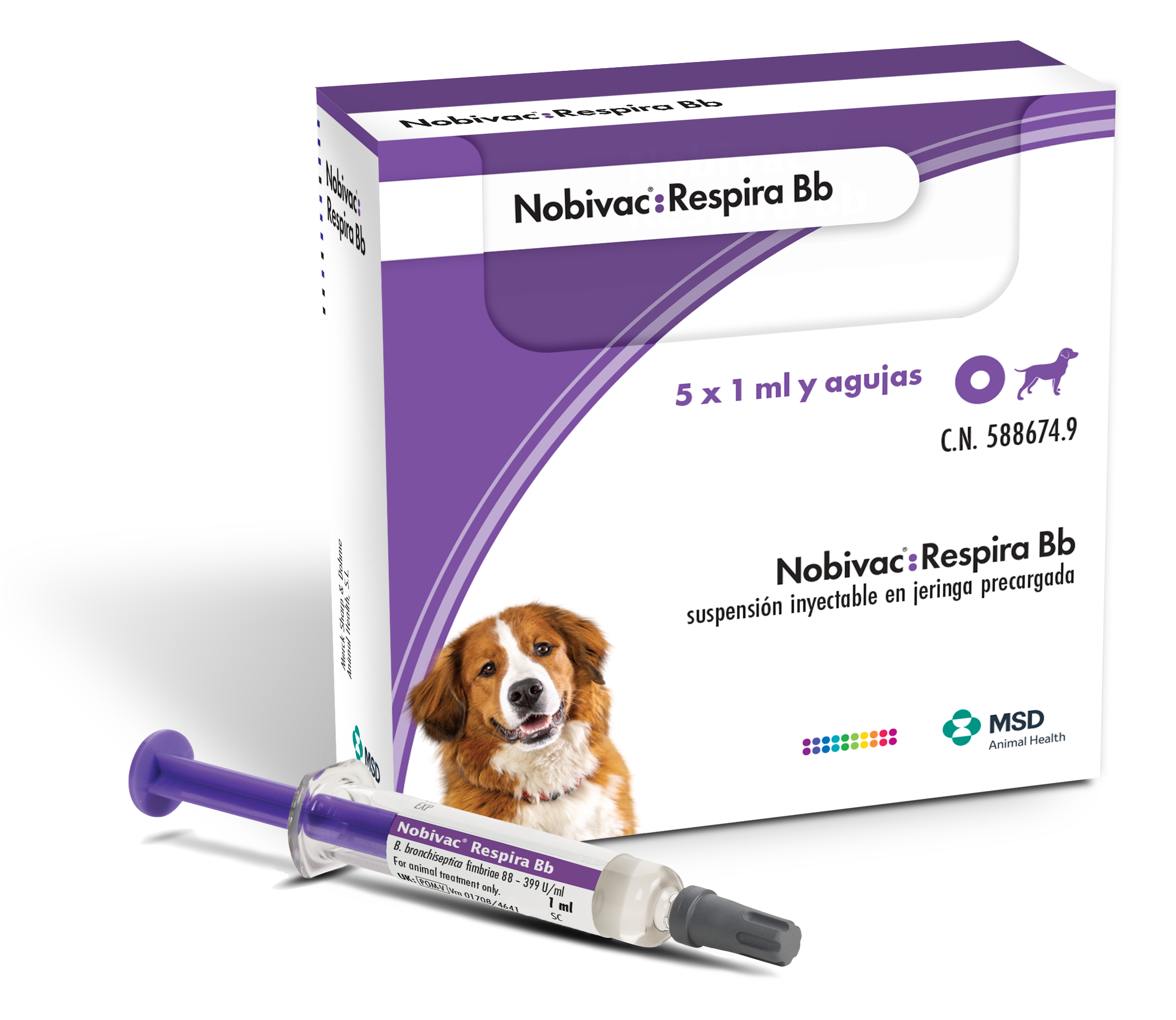 Nobivac® Respira BB jeringa Jeringa del producto inmunológico veterinario Nobivac® Respira BB de MSD Animal Health. El empaque muestra la marca Nobivac® Respira BB, información del producto y el logotipo de MSD Animal Health