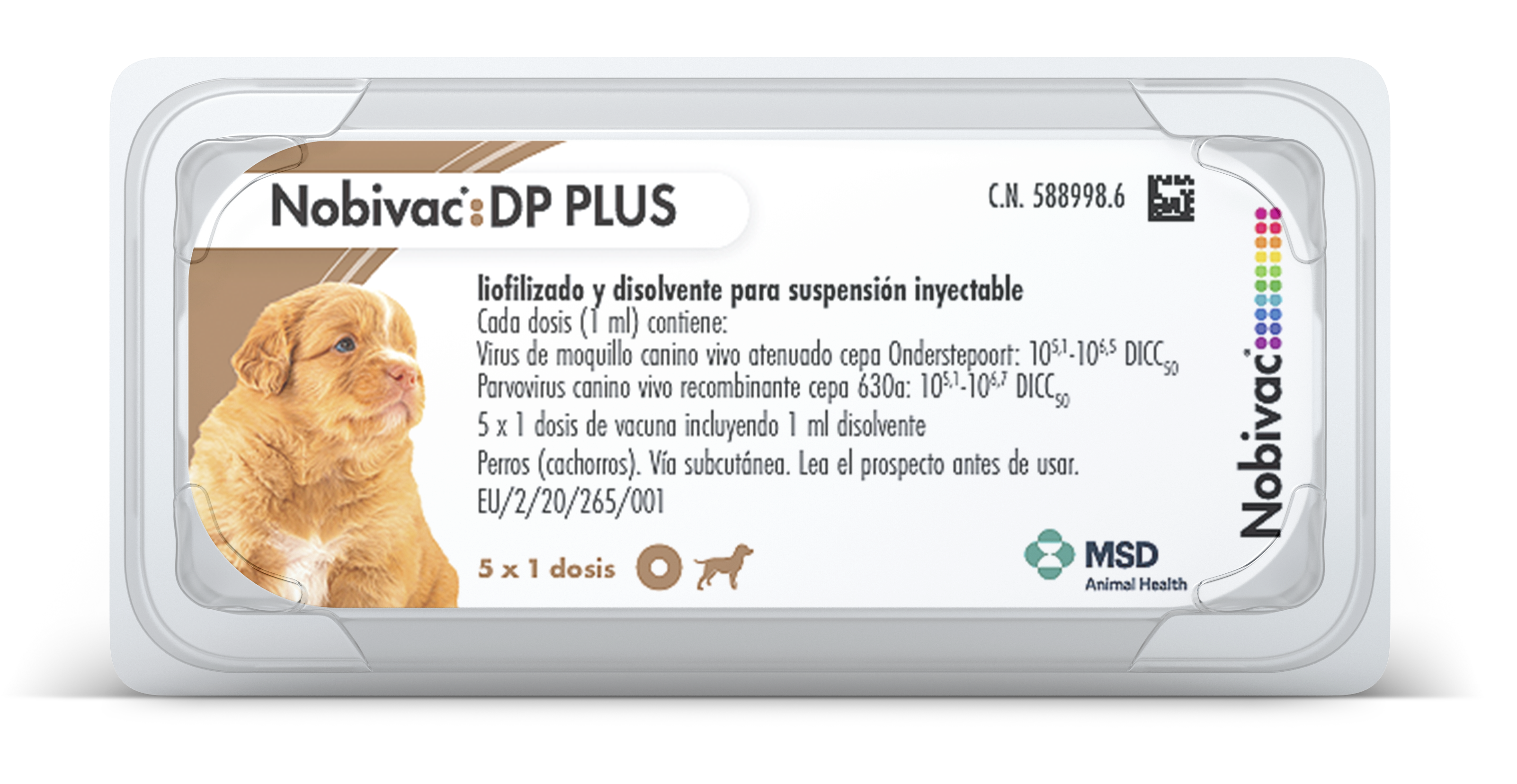 Nobivac® DP Plus Envase del producto inmunológico veterinario Nobivac® DP Plus de MSD Animal Health. El empaque muestra la marca Nobivac® DP Plus, información del producto y el logotipo de MSD Animal Health