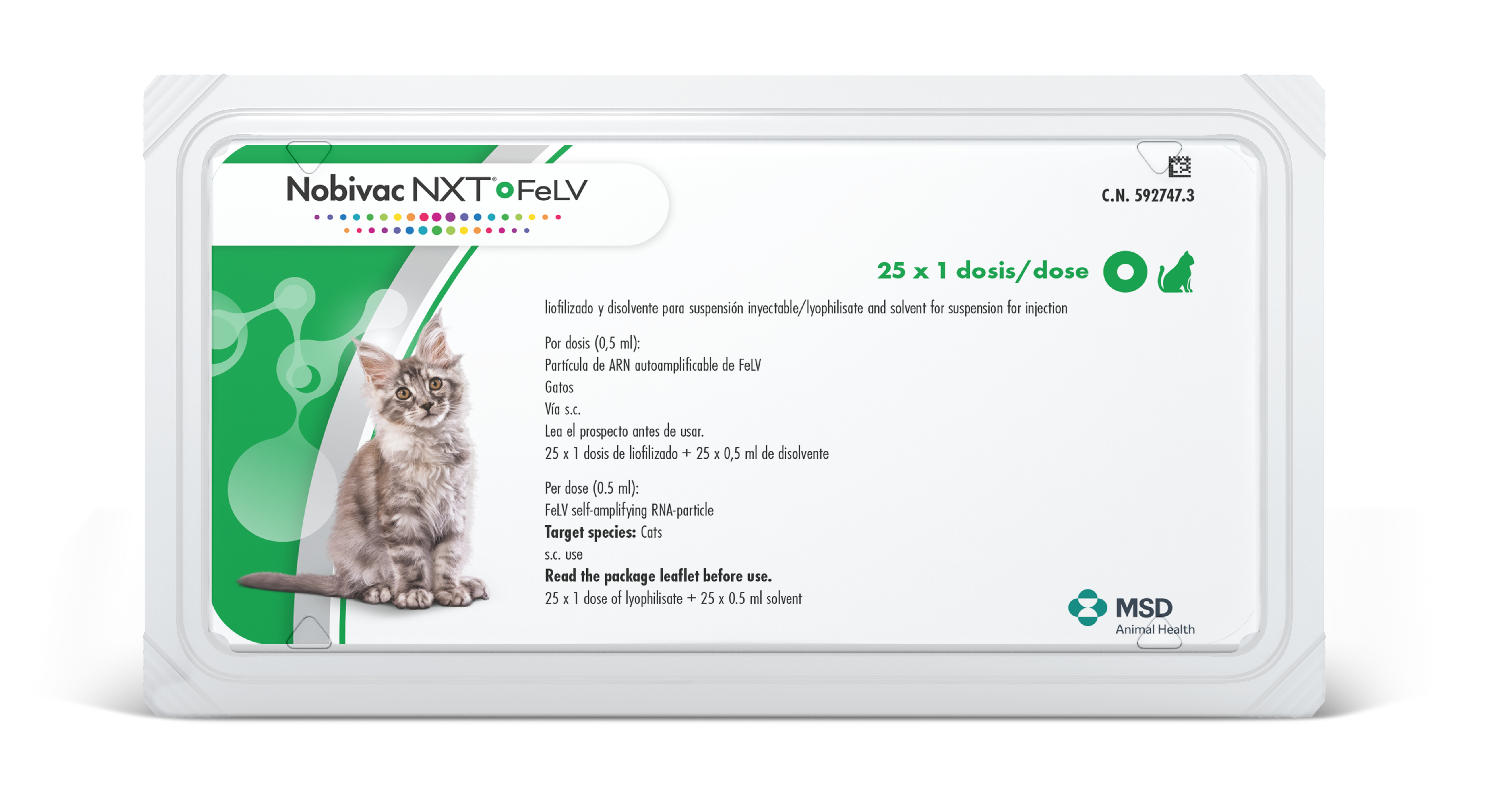 Envase del producto inmunológico veterinario Nobivac® NXT FeLV de MSD Animal Health. El empaque muestra la marca Nobivac® NXT FeLV, información del producto y el logotipo de MSD Animal Health.