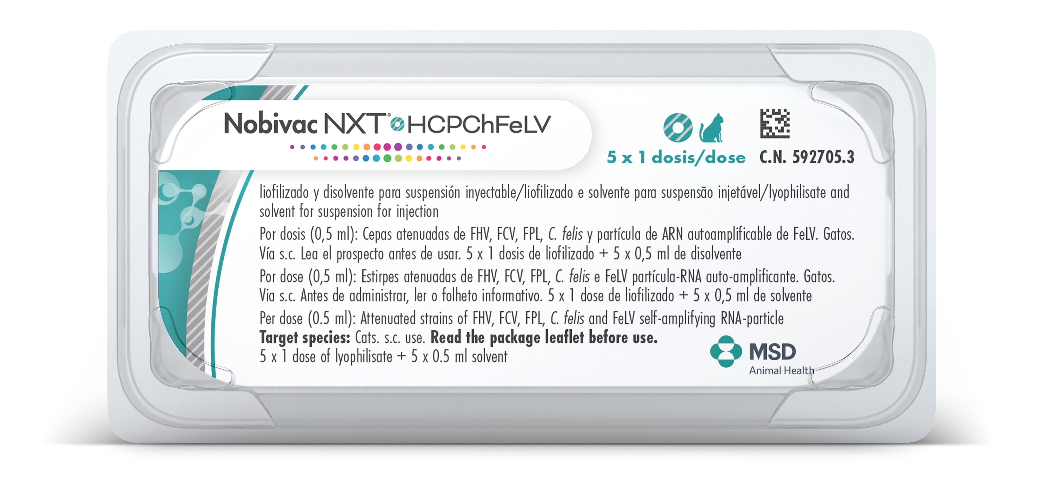 Nobivac® NXT HCPChFeLV Envase del producto inmunológico veterinario Nobivac® NXT HCPChFeLV de MSD Animal Health. El empaque muestra la marca Nobivac® NXT HCPChFeLV, información del producto y el logotipo de MSD Animal Health
