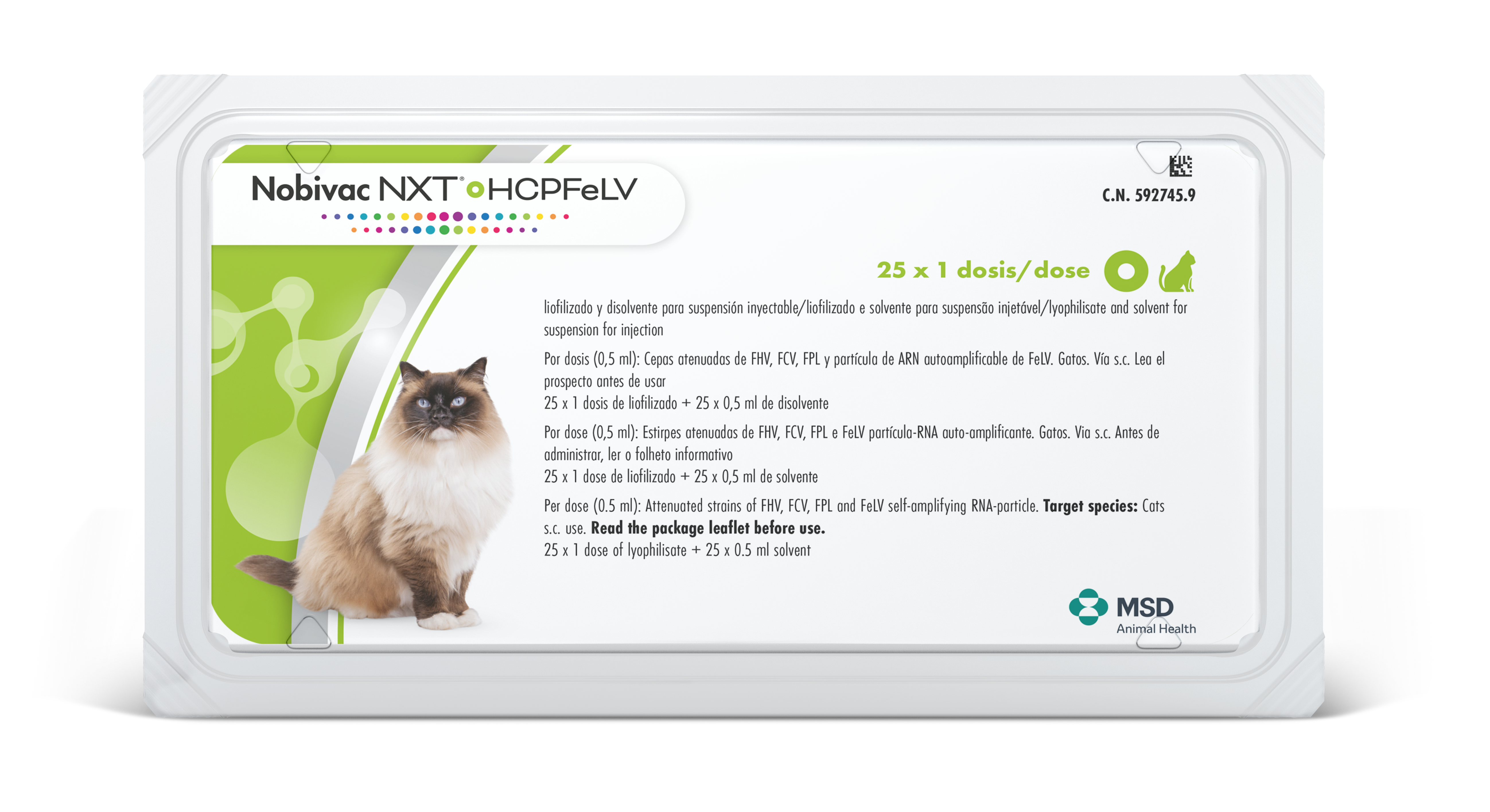 Nobivac® NXT HCPFeLV Envase del producto inmunológico veterinario Nobivac® NXT HCPFeLV de MSD Animal Health. El empaque muestra la marca Nobivac® NXT HCPFeLV, información del producto y el logotipo de MSD Animal Health