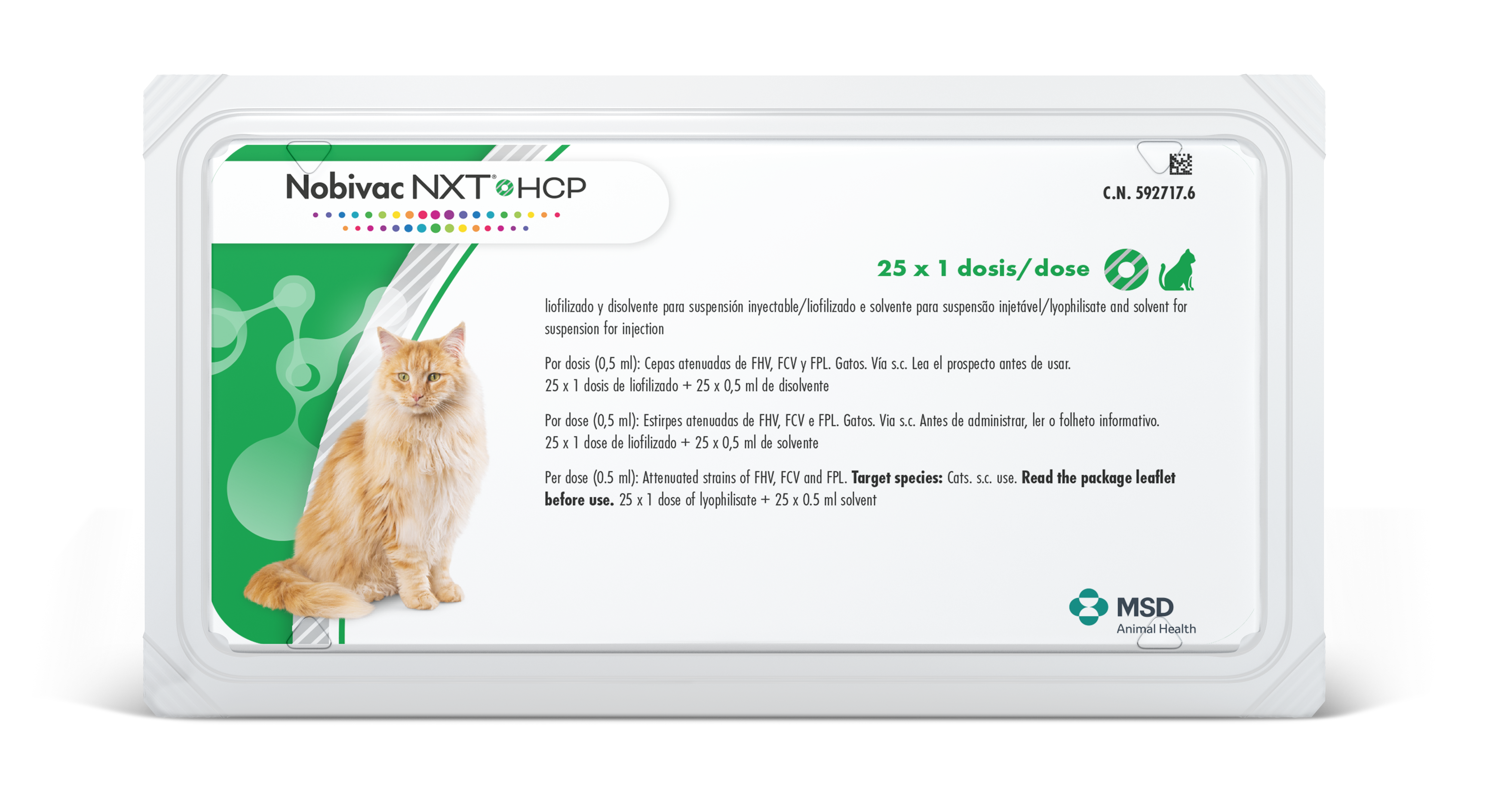 Nobivac® NXT HCP Envase del producto inmunológico veterinario Nobivac® NXT HCP de MSD Animal Health. El empaque muestra la marca Nobivac® NXT HCP, información del producto y el logotipo de MSD Animal Health.